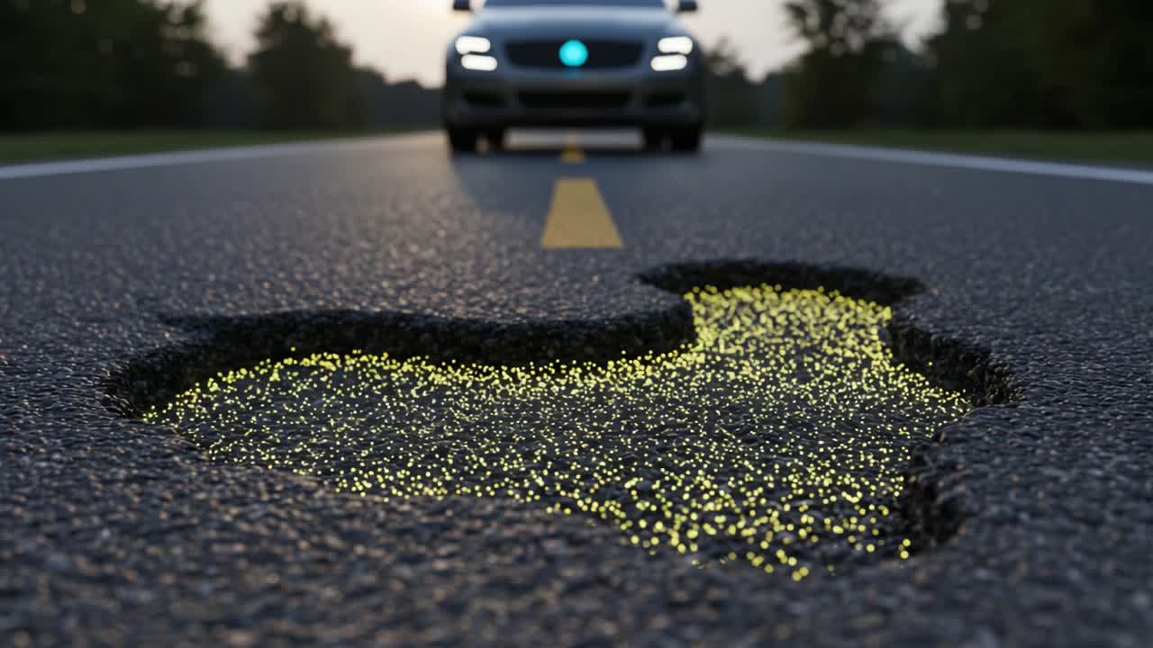 A glowing pothole on an ominous road at dusk, highlighting the ongoing issue of road maintenance and safety for vehicles amidst scenic surroundings