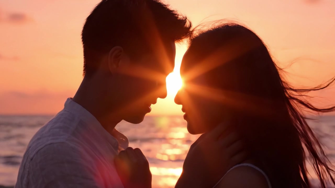 魅惑的な夕暮れの瞬間：海辺で魔法のように抱き合う2人のシルエット。愛とロマンスの真髄を捉える。