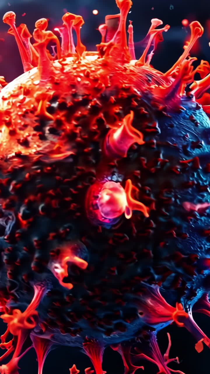 A red and blue virus is floating in the air. The virus is surrounded by a blue and purple wave