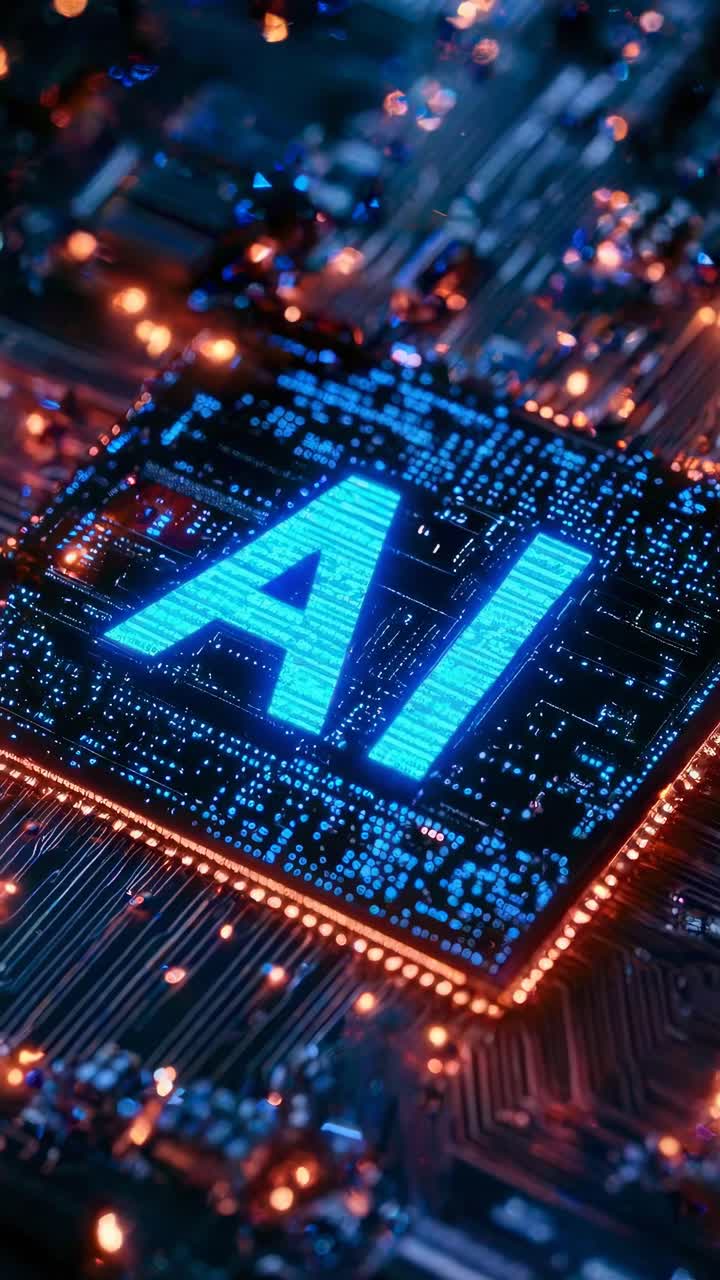 Close-up video of a circuit board with glowing 'AI' text, showcasing a futuristic and technological