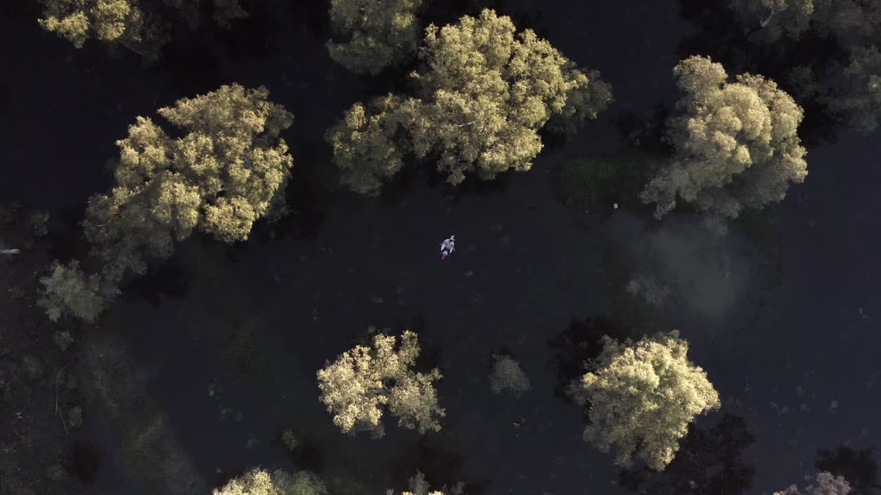 숲 호수 에서 생명을 구하는 풍선 에 떠다니는 사람, 공중 에서 볼 수 있는 모습