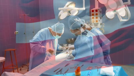 Animation-of-flag-of-switzerland-waving-over-surgeons-in-operating-theatre