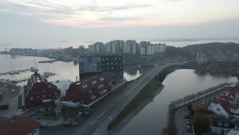 aerial view of the new houses in khilstroms kaj in the naval city of karlskrona, sweden