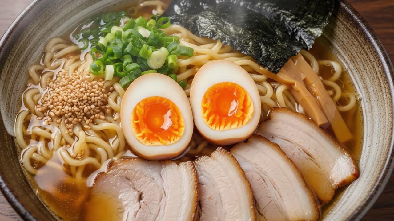A Bowl of Delicious Ramen Noodles with Tender Chashu, Soft-Boiled Eggs, Seaweed, Green Onions, and Sesame Seeds Garnishing the Rich Broth