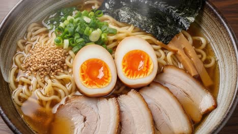 a bowl of delicious ramen noodles with tender chashu, soft-boiled eggs, seaweed, green onions, and sesame seeds garnishing the rich broth