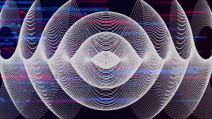 Abstract dotted waves pulsing over dark background, showing glitching magenta and blue streaks