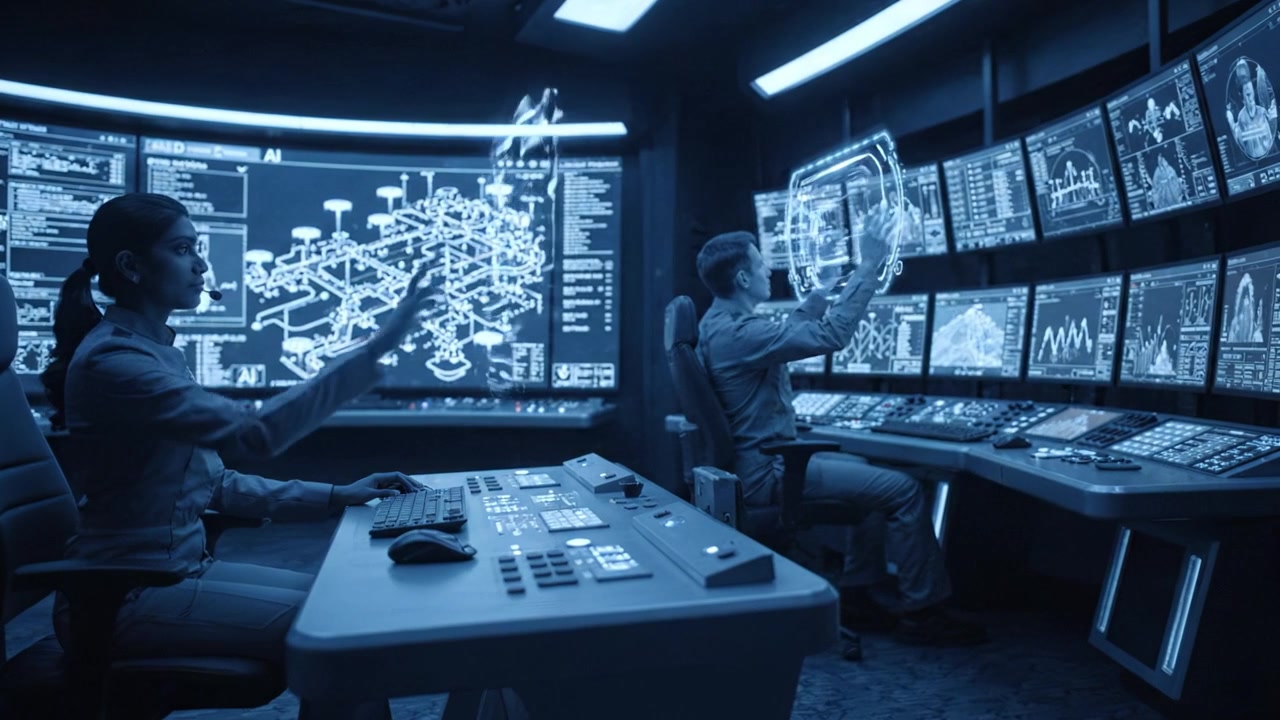 High-Tech Control Room: Professionals Overseeing Complex Systems with Advanced Monitoring and Data Analysis in a Futuristic, Blue-Tinted Environment