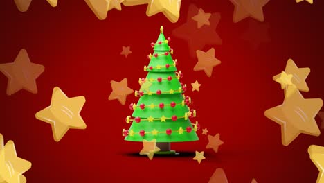 Animation-of-gold-christmas-stars-over-revolving-christmas-tree-on-red-background