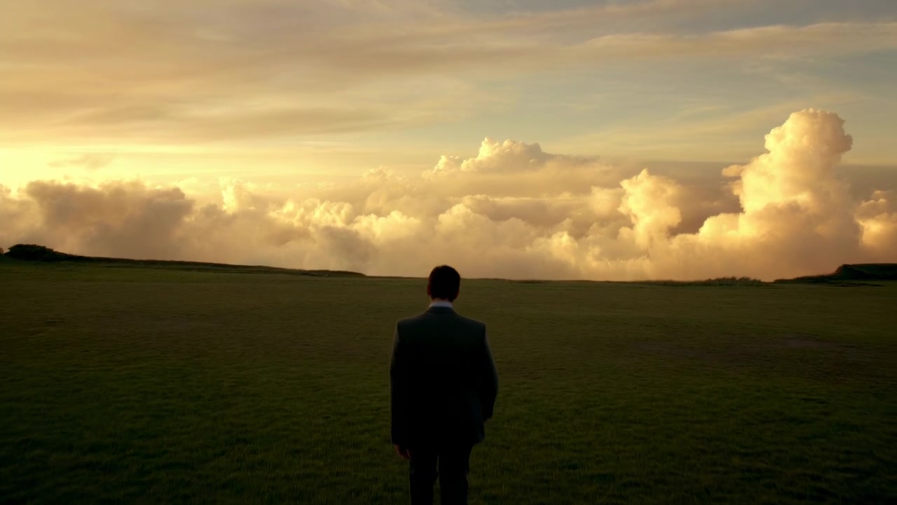 Rear view of solitary adult man in tailored dark suit walking away across short grass plain toward towering glowing clouds under low sun, open horizon, warm backlight, calm reflective mood