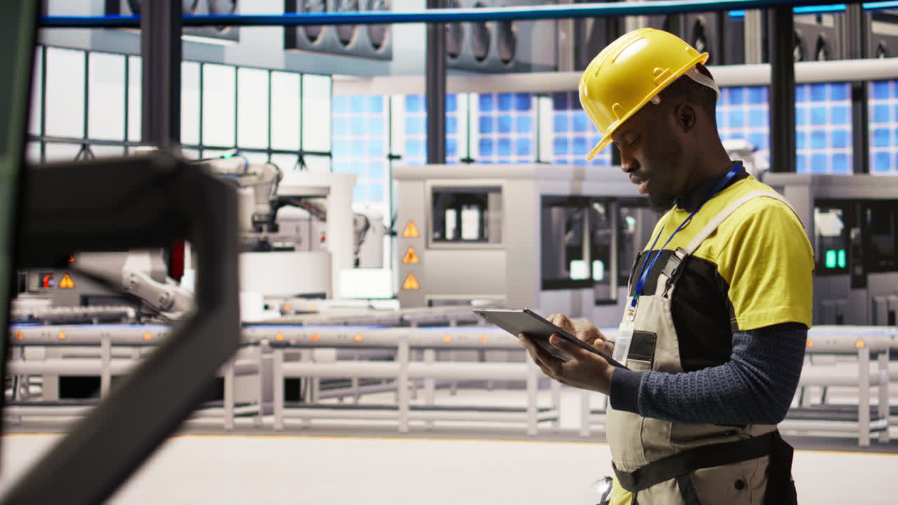 Vertical video Engineer oversees solar panel production lines equipment using tablet app