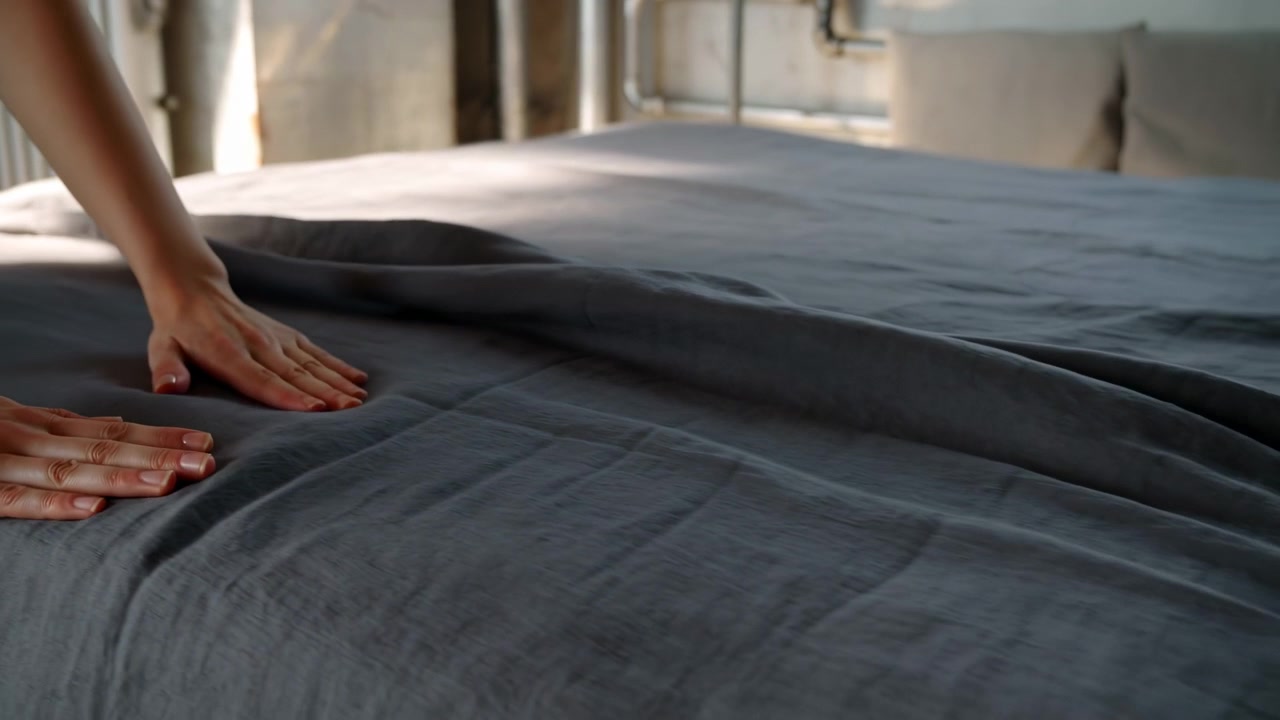 Close view follows hands gliding over textured gray bedding, gently pressing out wrinkles and shifting fabric across the bed while warm daylight illuminates the neutral bedroom.