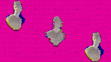 animation of three ancient bust sculptures turning with glitch on pink background