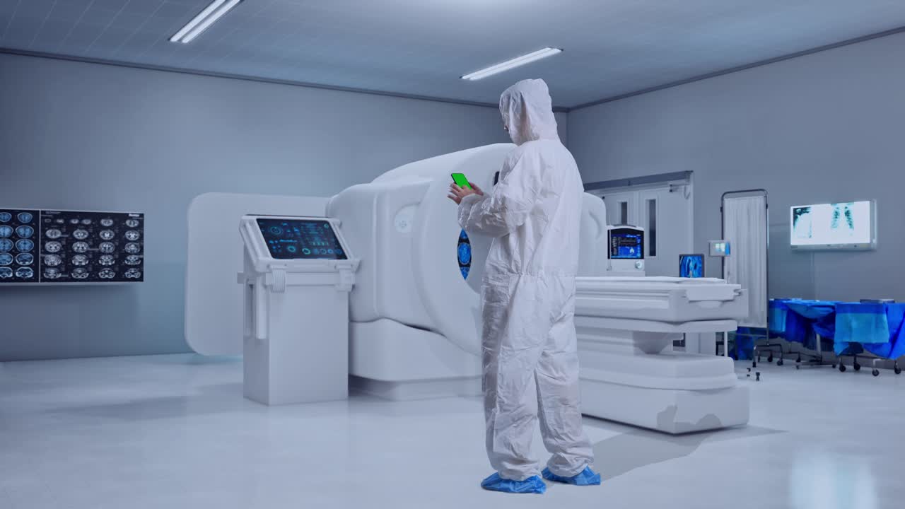 Full Body Back View Of Asian Male Scientist Use Mock Up Green Screen Smartphone While Standing With MRI Machine In The Hospital