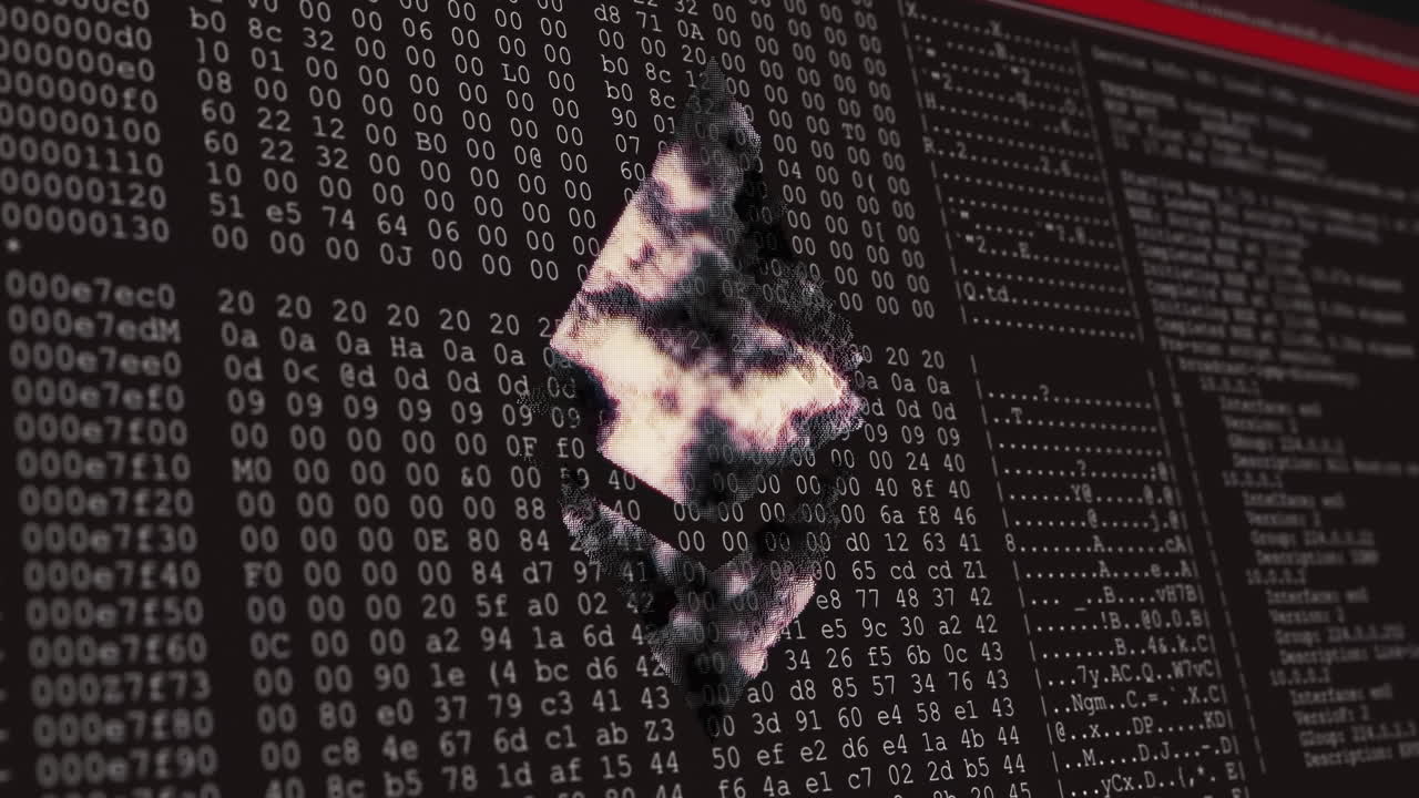 Binary code and data processing animation over abstract shape