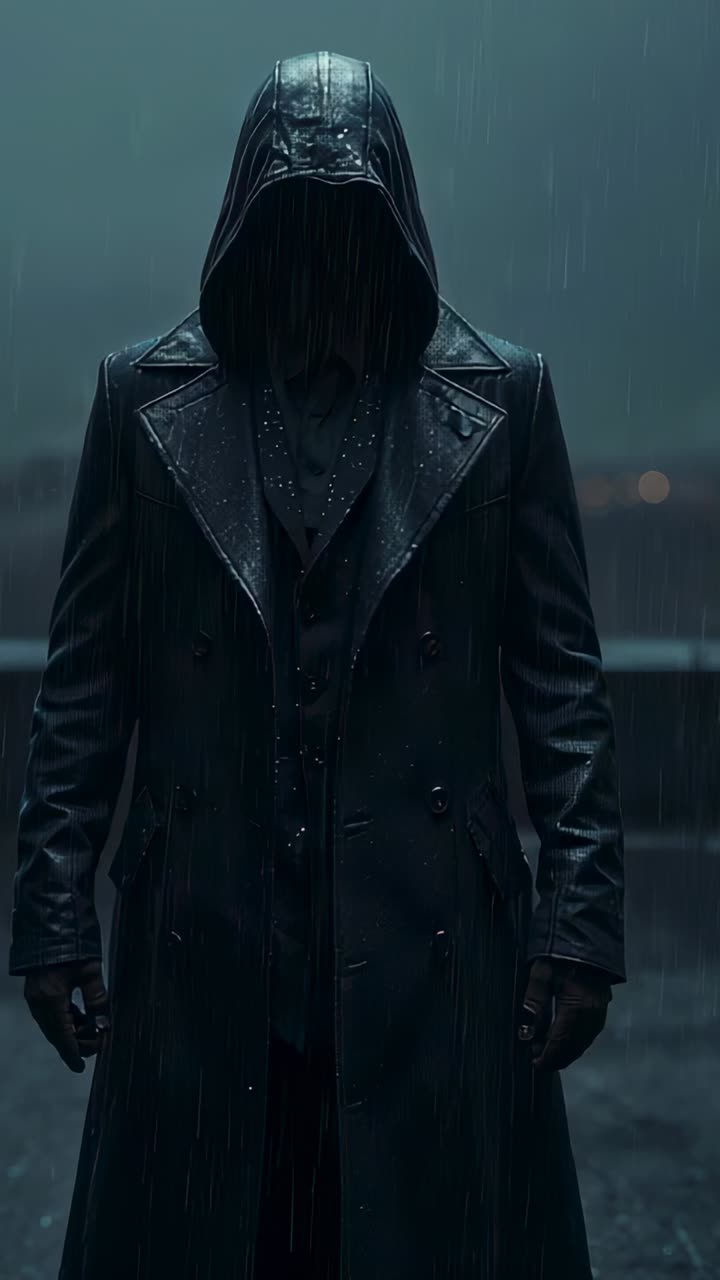 Vertical video: Camera dollying revealing hooded man wearing coat on terrace in rain, copy space