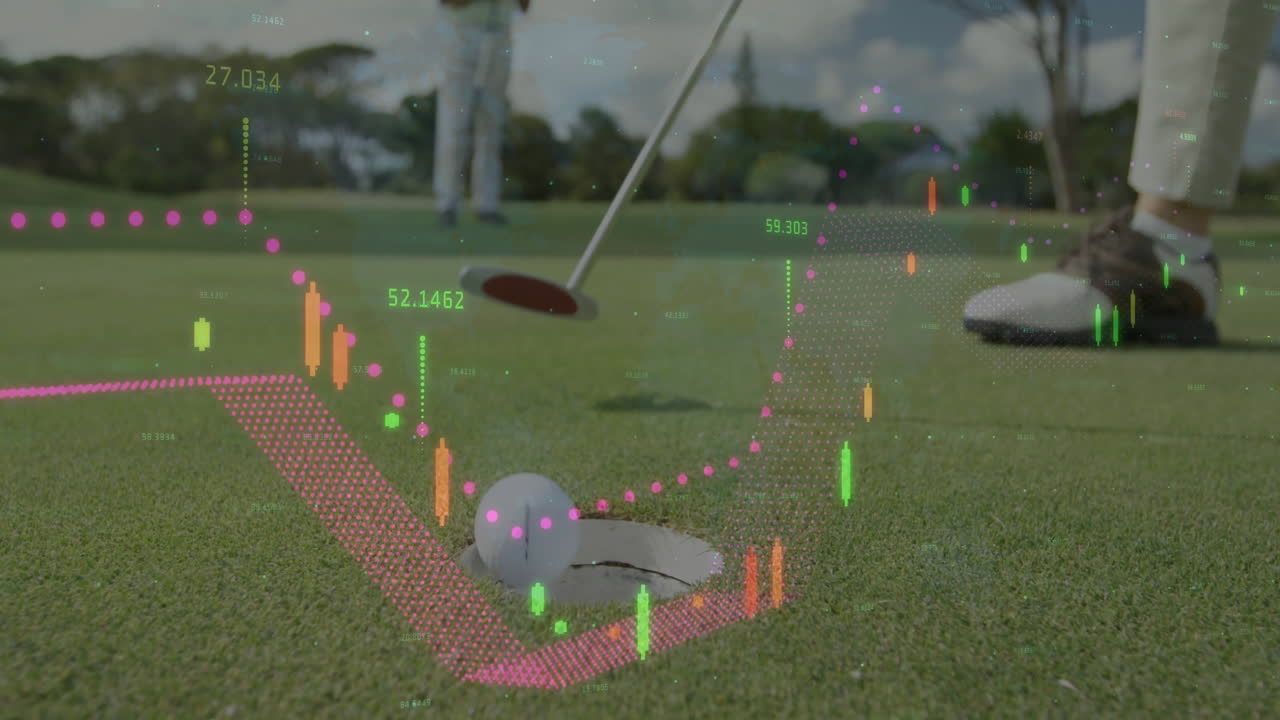 Woman golfer preparing putt on green during health training, featuring animated swing graph