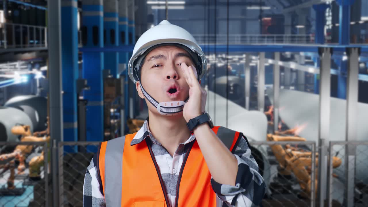 안전 헬을 입은 아시아 남성 엔지니어가 풍력 터빈 제조 공장에서 서서 손으로 입을 고 소리치고 있습니다.