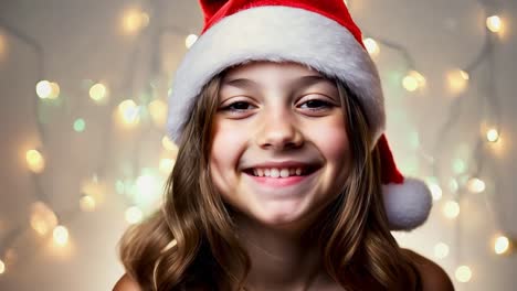 una joven sonríe brillantemente con un sombrero de santa con luces de navidad en el fondo.
