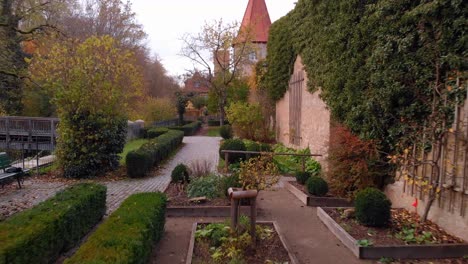 a drone flies in the park low over shrub, plants and hedges