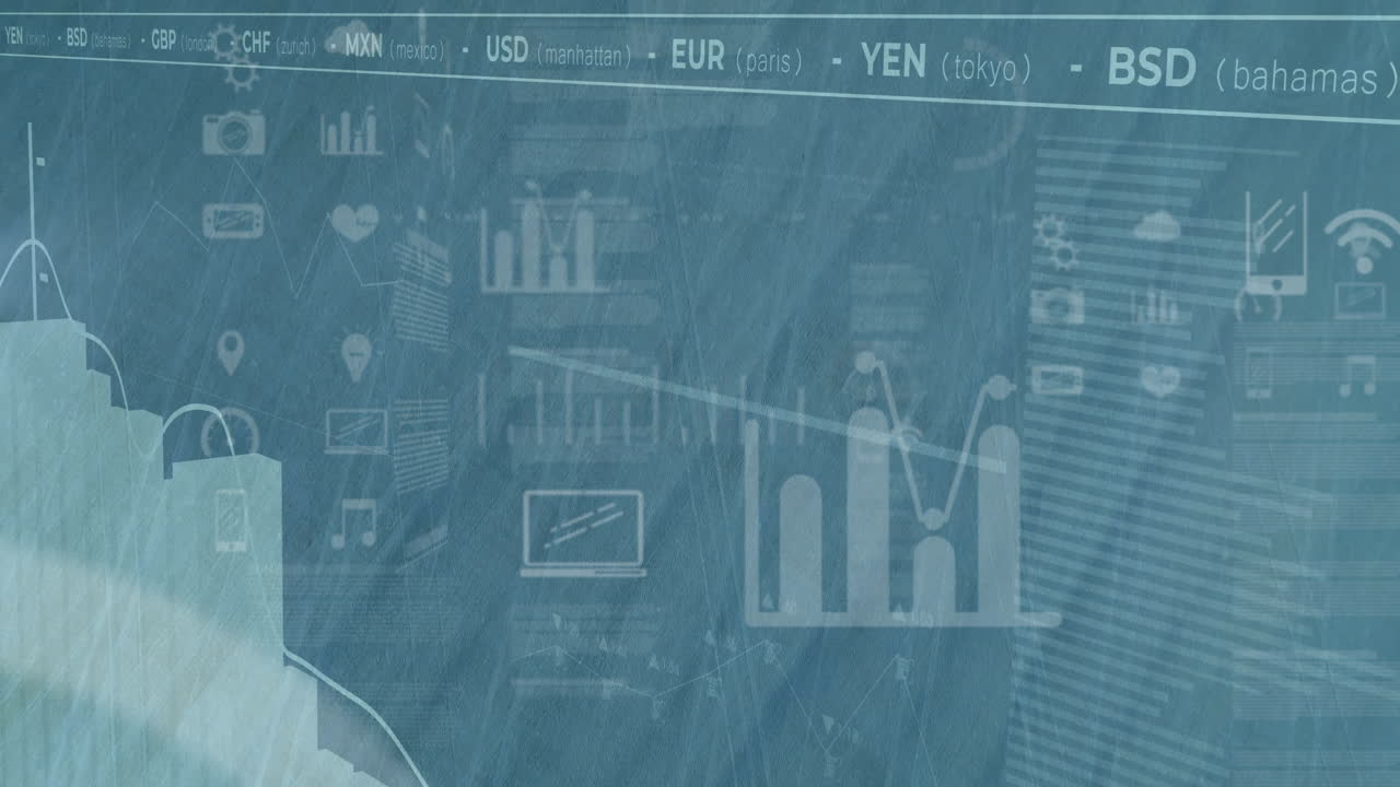 Displaying financial data and currency exchange rates with digital graphs animation