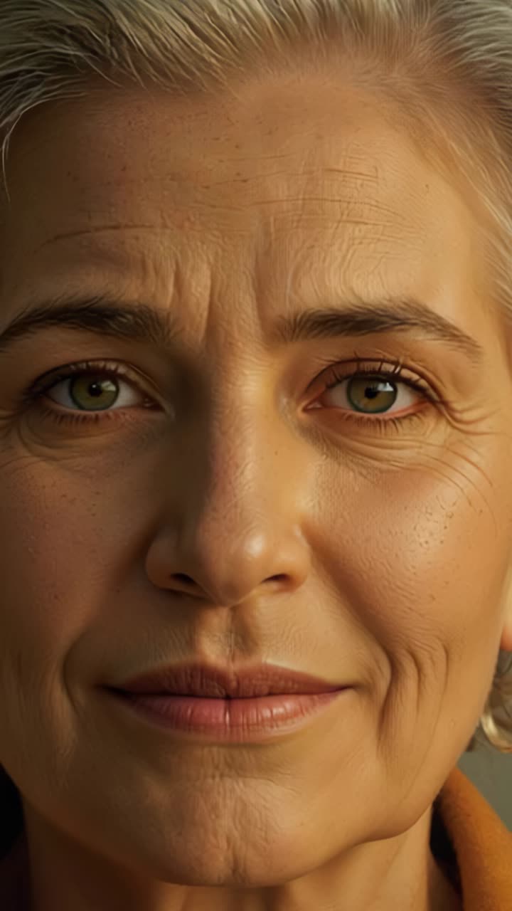Vertical video: At 3rd second senior woman touching lens wiping smudge gazing into camera in studio