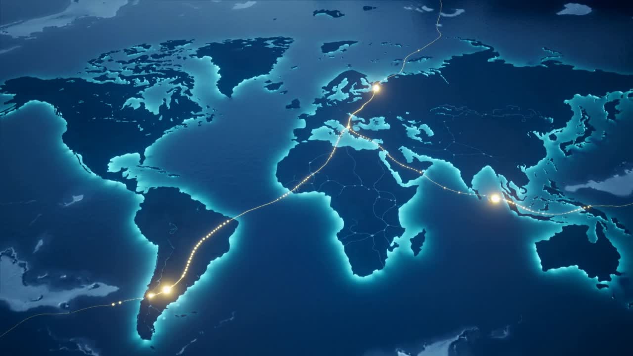Starting near South America, digital map tracing dotted glowing route to Asia, showing hub nodes