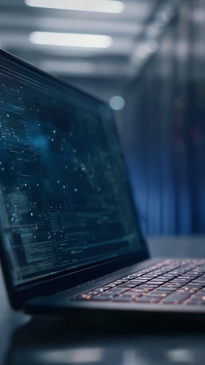 Close-Up of a Laptop Screen Displaying Complex Data Visualizations and Coding Interfaces in a Modern Data Center Environment with Blurred Background