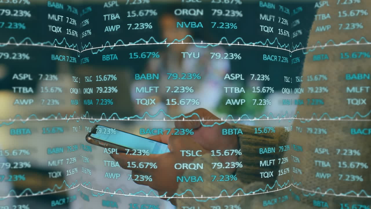 Animation of financial data processing over businesswoman using smartphone