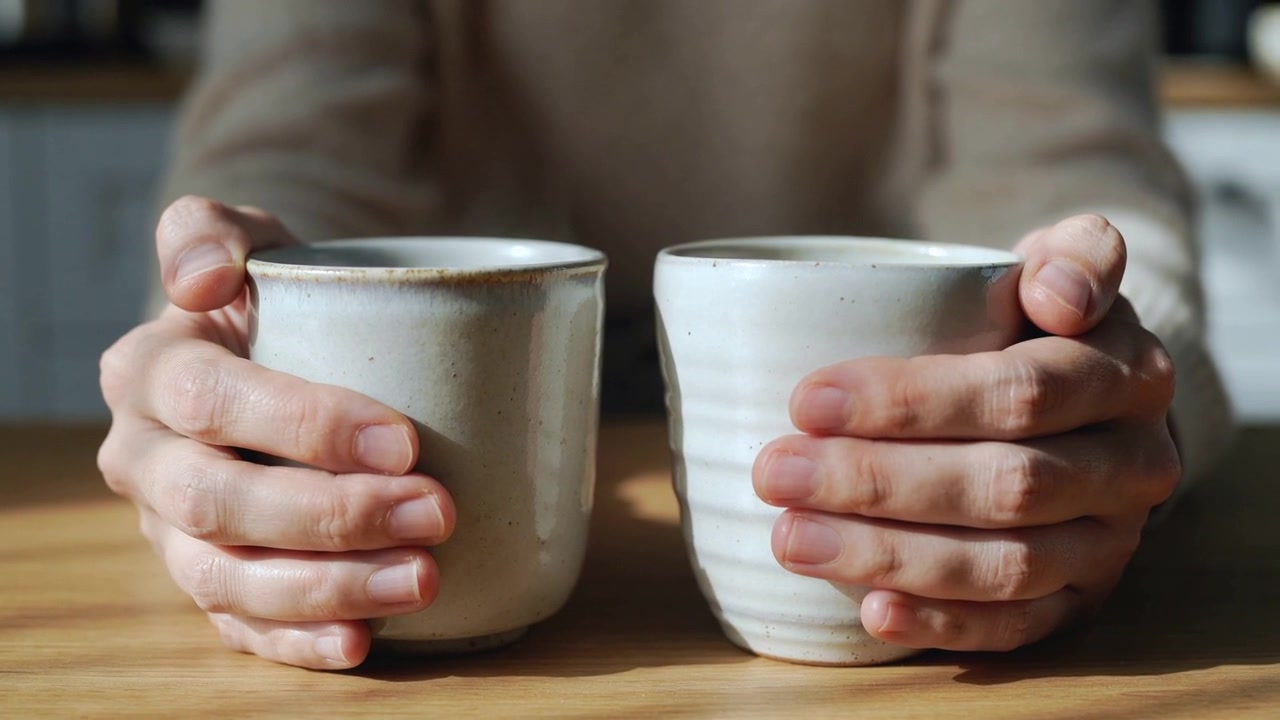 Una coppia di mani a riposo che regola la presa su due tazze di ceramica su un tavolo da cucina in legno, luce calda.