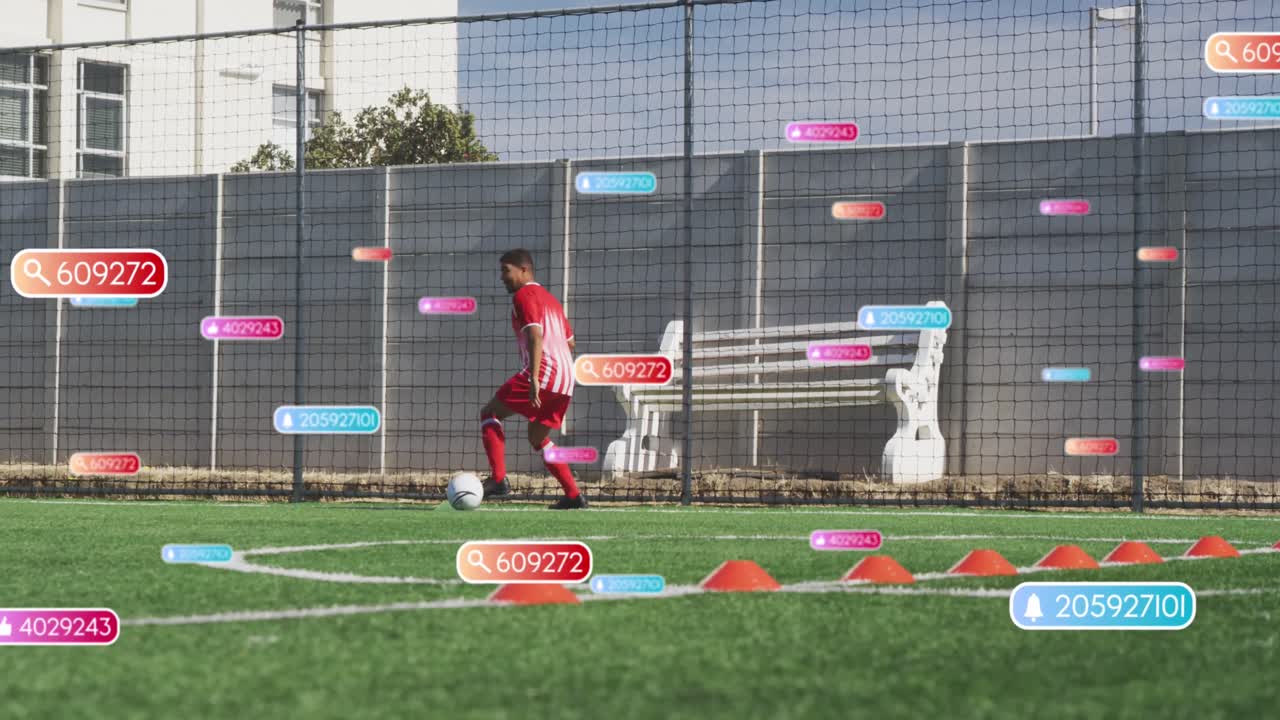 공을 들고 있는 두 인종의 남자 축구 선수에 대한 미디어 아이콘의 애니메이션