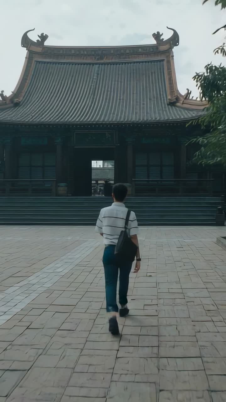 Video verticale: uomo con t-shirt a righe e borsa che attraversa il cortile verso i gradini del tempio, guardando a destra