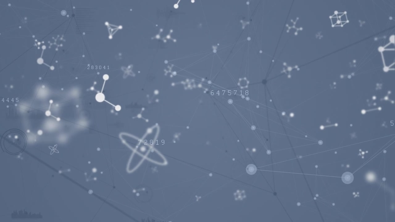 Digital animation of molecular structures over network of connections against grey background