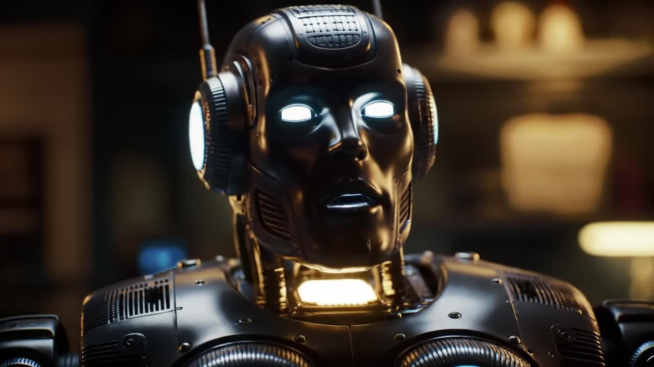 A humanoid robot stands in a modern lab, displaying its intricate features and glowing eyes. The setting is filled with advanced technology and sleek design elements that highlight innovation.