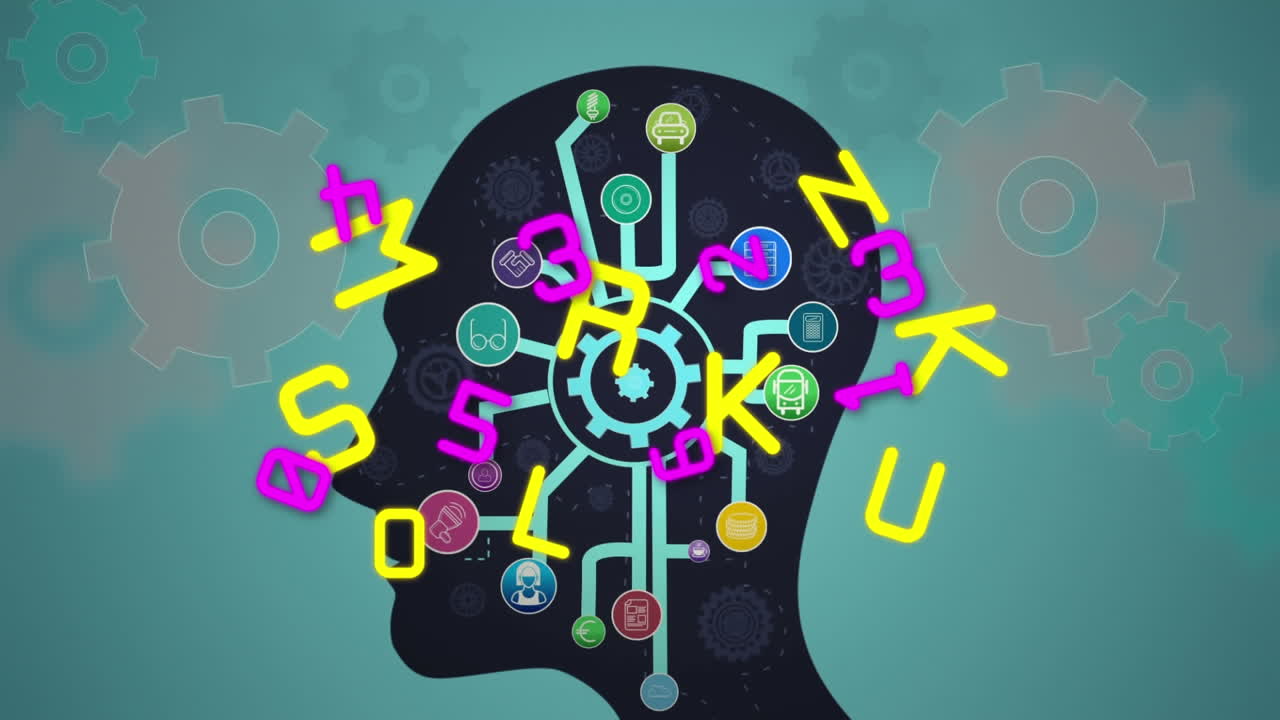 인간의 머리에 숫자와 글자를 가진 아이콘의 네트워크의 애니메이션