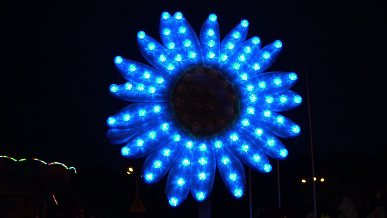 다채로운 램프로 밤에 빛나는 공원의 꽃