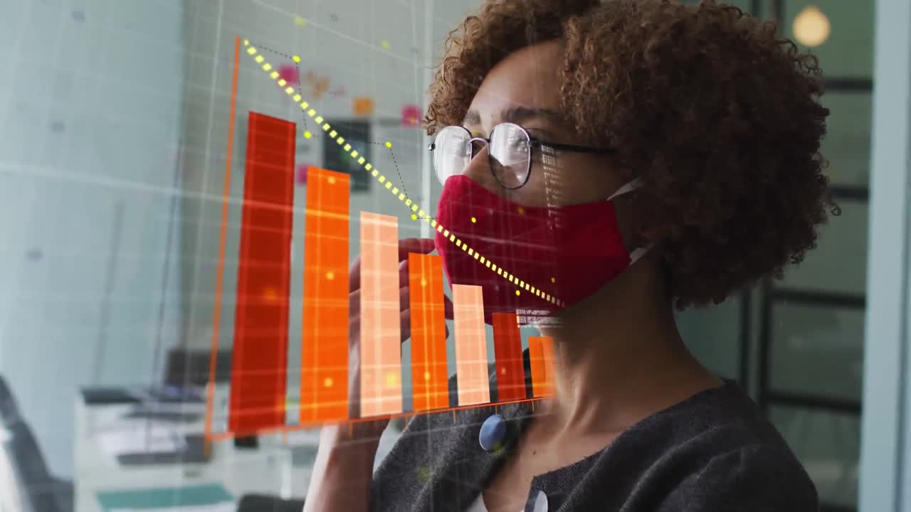 animación de las estadísticas de covid-19 y el procesamiento de datos sobre la mujer en máscara rápida en la oficina