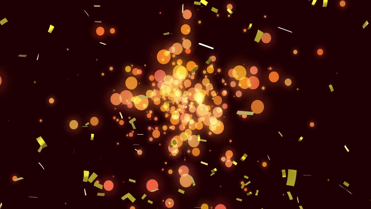 Glowing particles and confetti floating on dark background