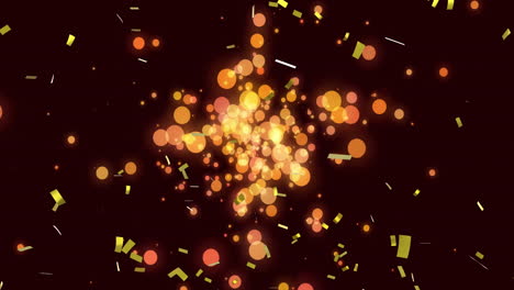 glowing particles and confetti floating on dark background