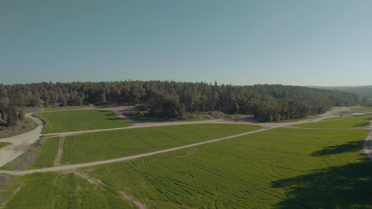 avión no tripulado disparado sobre campos de trigo verde secreto en el medio de un gran bosque, dos personas caminando por los campos en un soleado día de invierno - empujar en el tiro