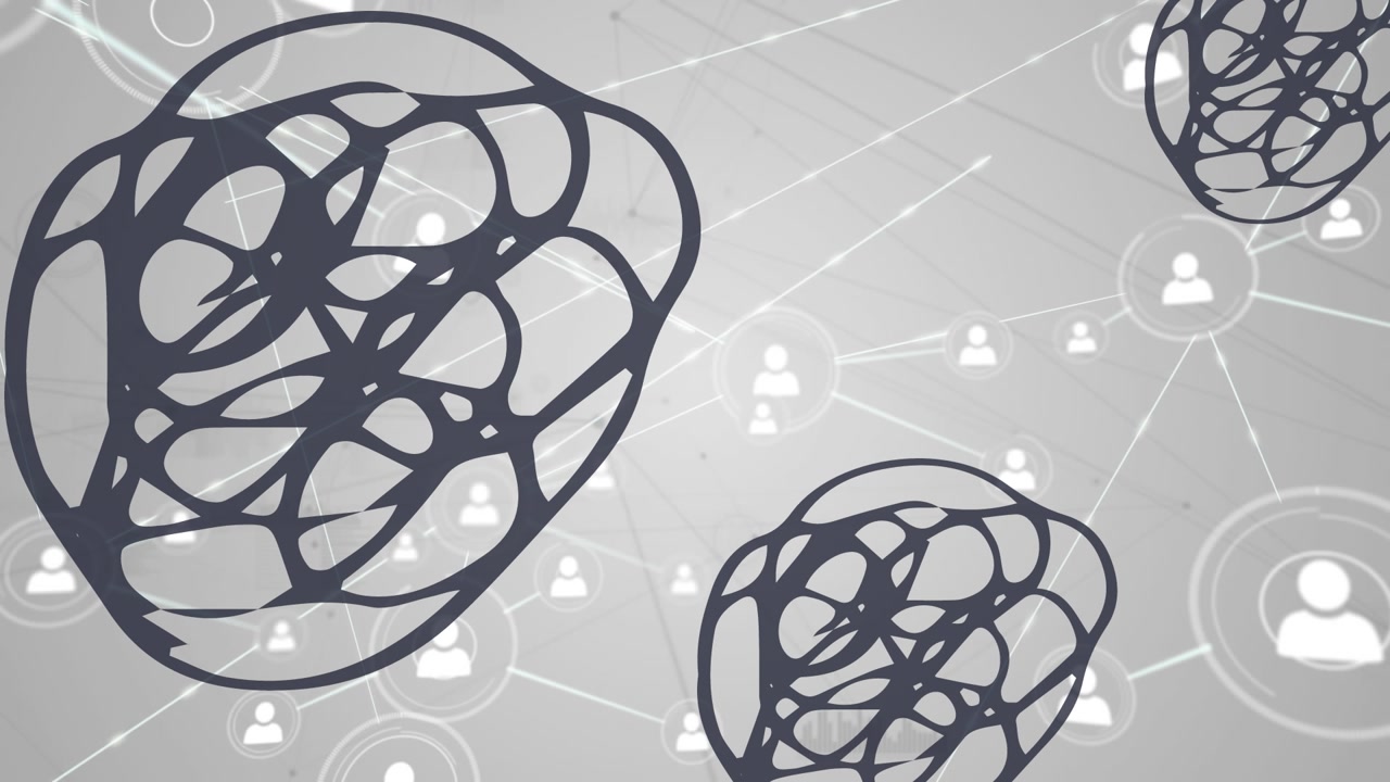 Animation of network of profile icons over abstract shapes against grey background