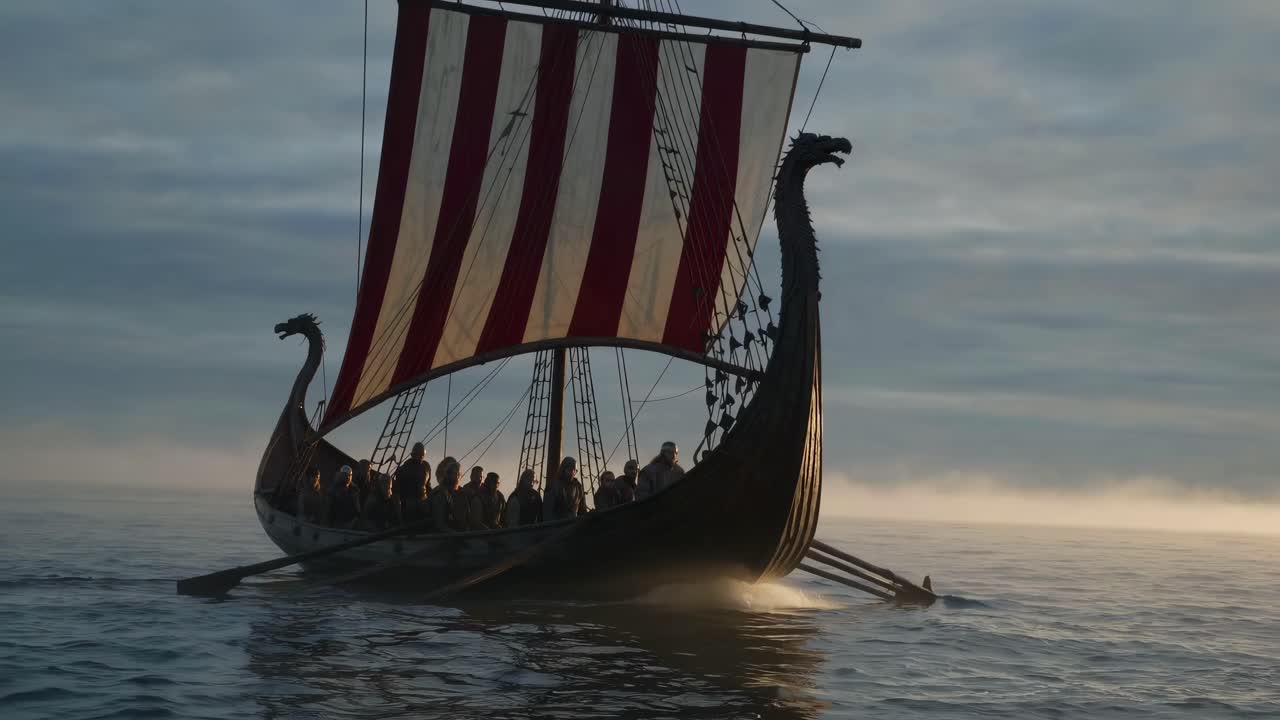 A low-angle shot of a Viking ship at sea, capturing its majestic design and crew