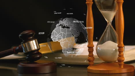 animation of data processing map and globe over hourglass and gavel