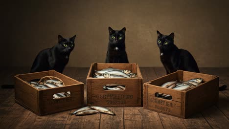 three sleek black cats intently gathered around wooden crates filled with fresh fish, capturing a moment of curiosity and playfulness in a rustic setting