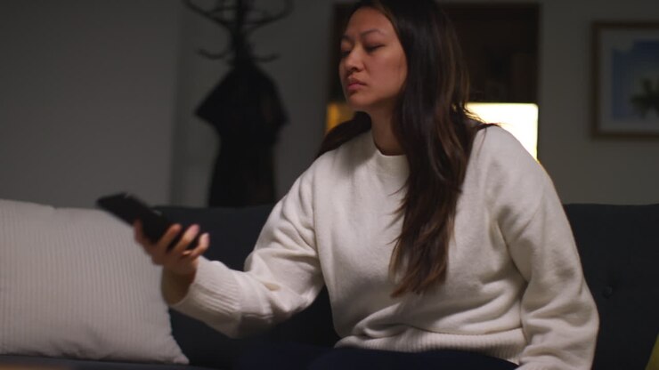 Donna ansiosa o stressata che trascorre la serata a casa, seduta sul divano in salotto e parla al telefono cellulare.