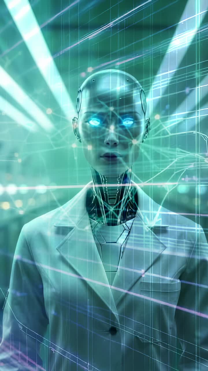 Vertical video: Holographic beams activating android wearing lab coat in corridor with overlay