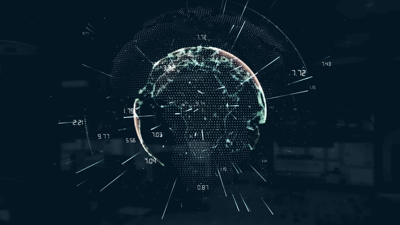 Animation of globe with network of connections and data processing on dark blue background