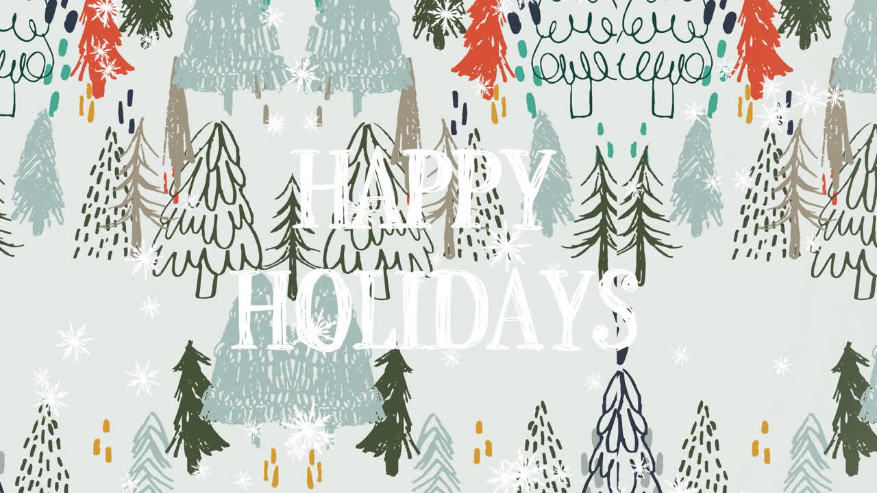 겨울 풍경과 창문으로 보이는 눈이 내리는 행복한 휴일 텍스트의 애니메이션