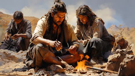 men crafting tools near a fire in a rugged landscape during the day