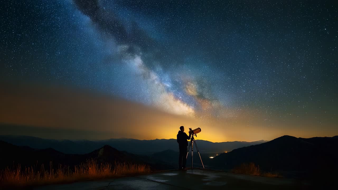 Stargazer Observing the Milky Way: A Passionate Enthusiast Captures the Beauty of the Universe Through a Telescope Against a Breathtaking Night Sky with Stars and Mountains