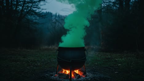 A Cauldron Brews Mysterious Green Smoke Amidst Nature, Capturing an Enigmatic Scene of Witchcraft and Mystical Elements in the Forest